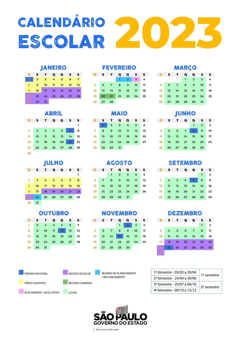 Calendário escolar da rede estadual de ensino de SP para o ano de 2023 — Foto: Reprodução