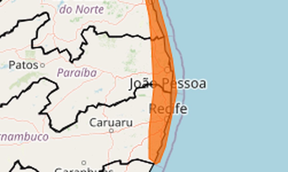 Alerta de perigo laranja de chuvas intensas do Inmet para João Pessoa e outras 23 cidades — Foto: Inmet/Reprodução