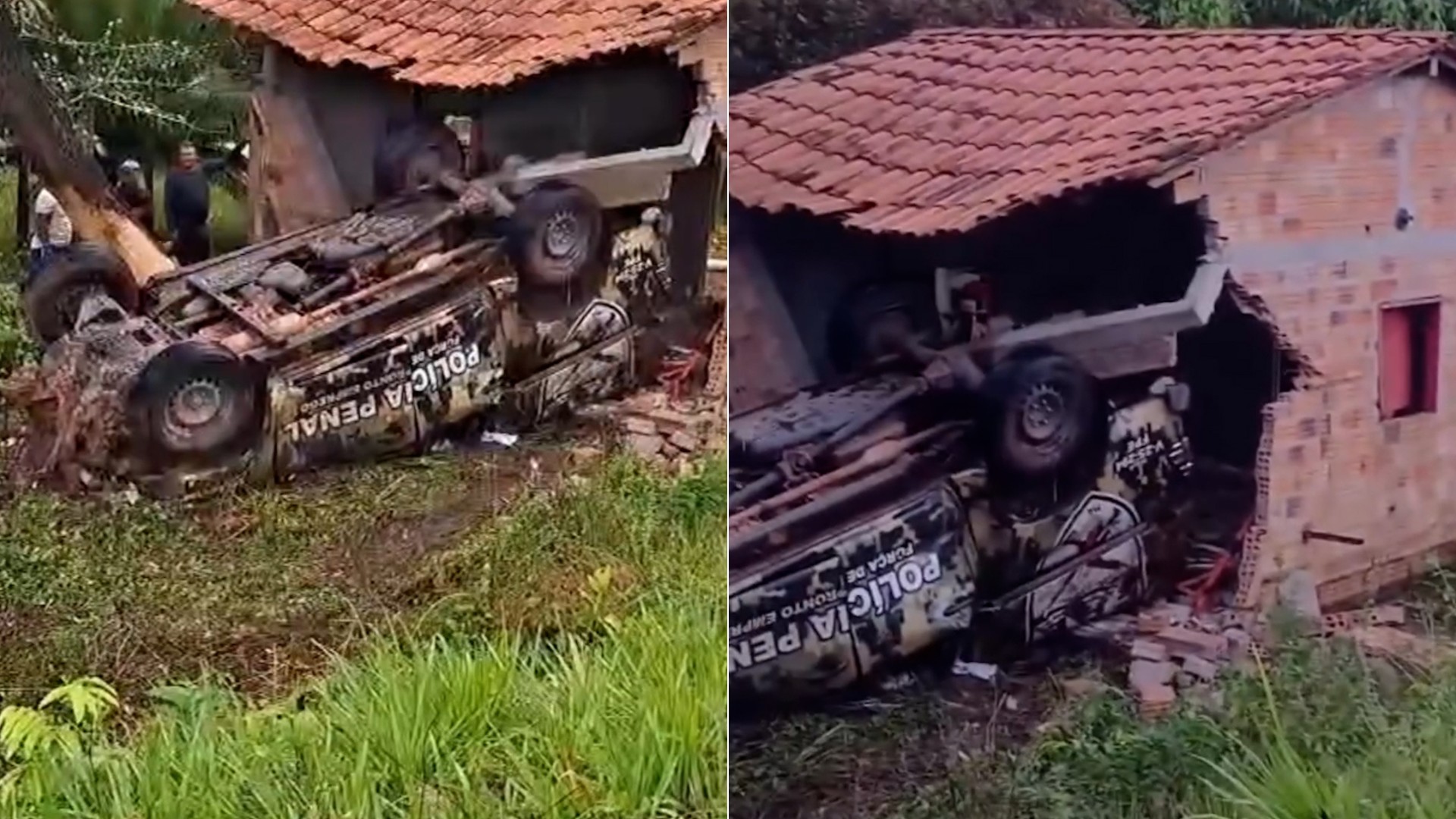 Viatura da Polícia Penal capota e atinge casa às margens da MA-106 em Bequimão