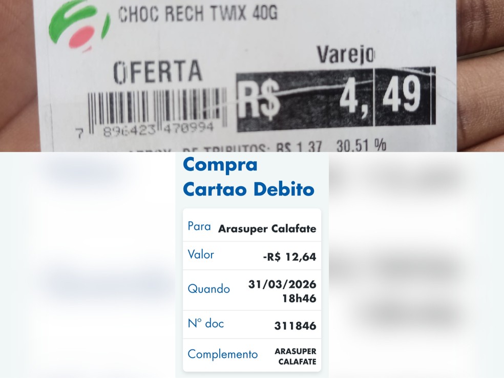 Valor do chocolate que teria sido pego pela criança e comprovante de pagamento da compra feita pelo adolescente — Foto: Arquivo pessoal/Reprodução