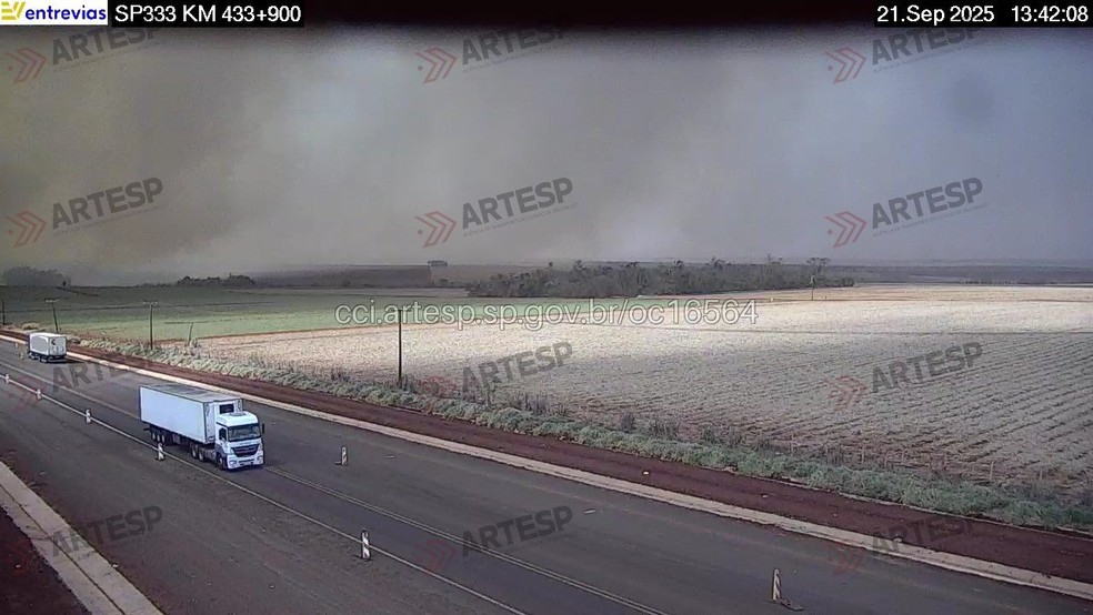 Em Tarumã, fumaça densa provocou a interdição parcial da Rodovia Miguel Jubran — Foto: Artesp/Divulgação