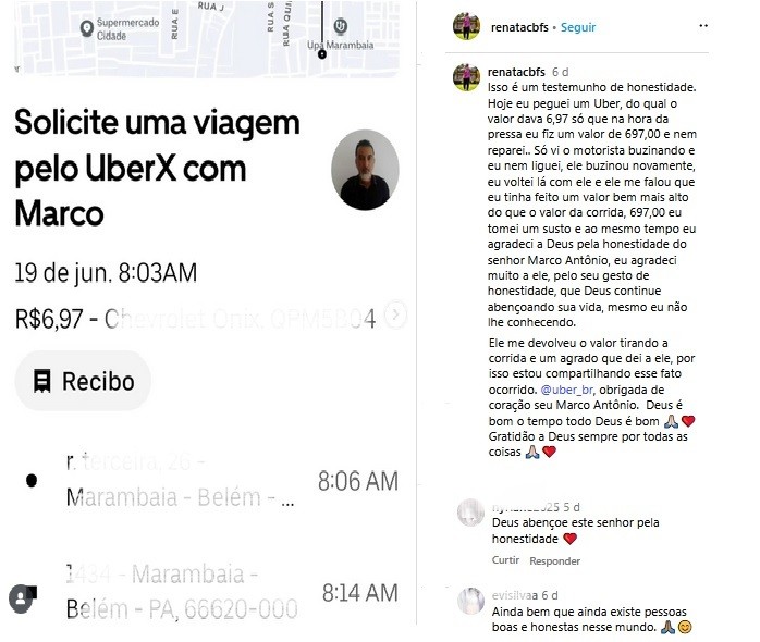 História de honestidade viraliza: por engano, passageira paga 100 vezes mais em corrida e motorista devolve valor no Pará