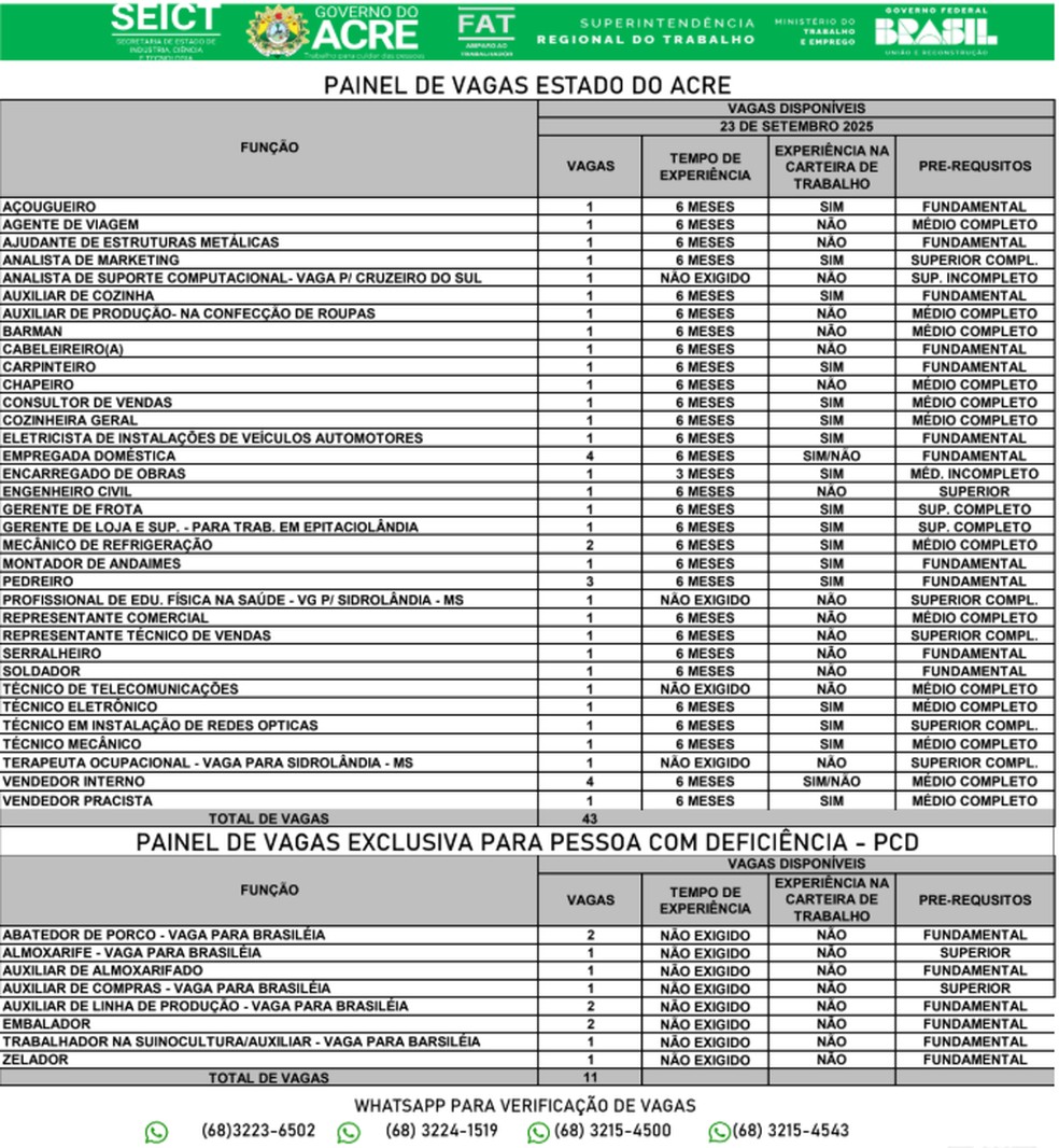 Confira o painel de vagas do Sine para a terça-feira (23) — Foto: Reprodução