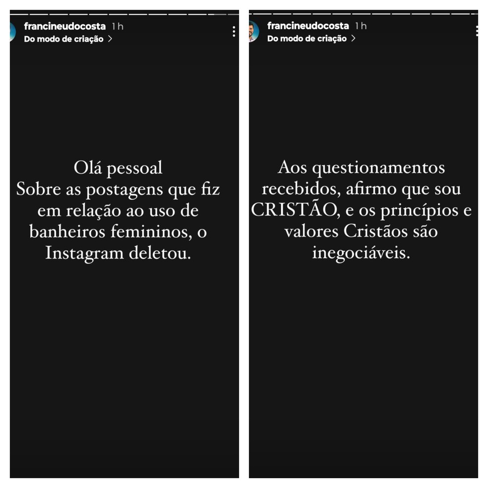 Francineudo Costa disse que o Instagram deletou as postagens e que 'valores cristãos são inegociáveis' — Foto: Reprodução