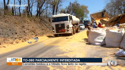 Caminhão carregado de grãos tomba na TO-080 e deixa pista parcialmente interditada