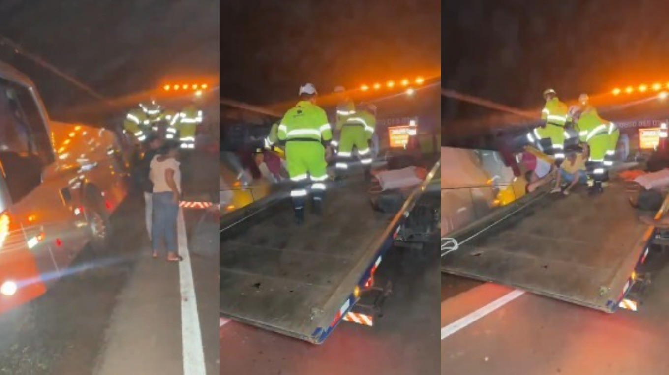 Ônibus da Secretaria de Saúde de Sinop (MT) com mais de 20 pacientes cai em valeta na BR-163