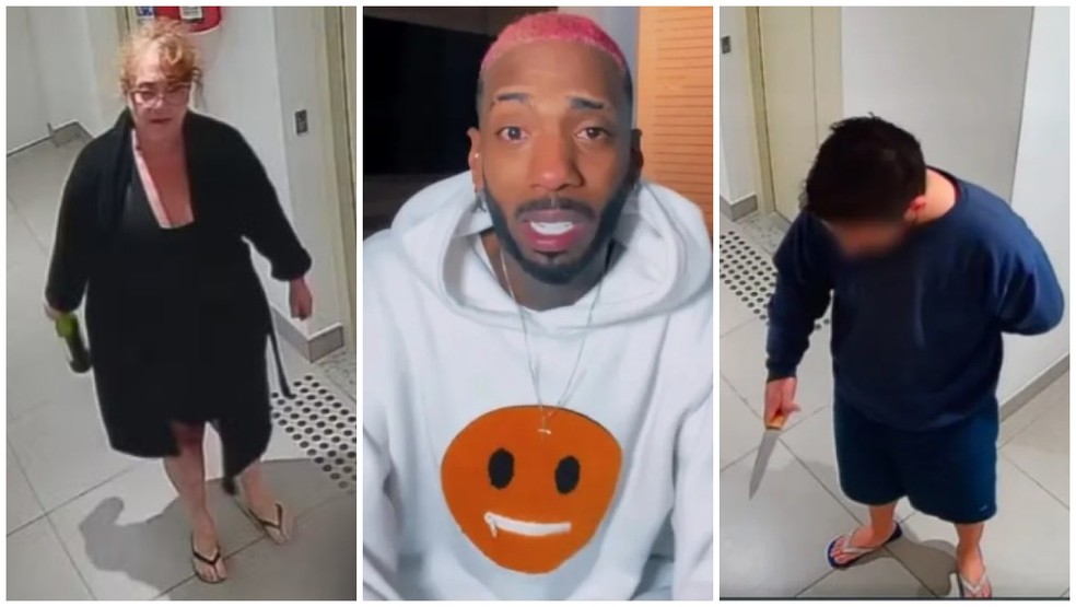 Elisabeth Morrone e o filho fazem ameaças contra Eddy Júnior na noite de 18 de outubro, em condomínio da Barra Funda. — Foto: Reprodução/TV Globo