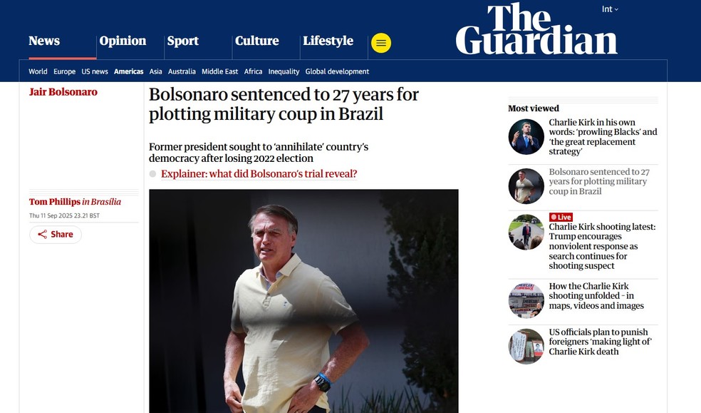The Guardian repercute a condenação de Bolsonaro. — Foto: Reprodução/The Guardian