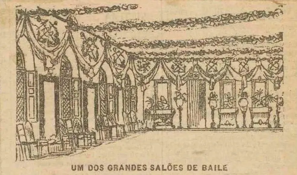 Desenho da sala de baile no Gazeta de Notícias — Foto: Reprodução Arquivo Nacional via BBC