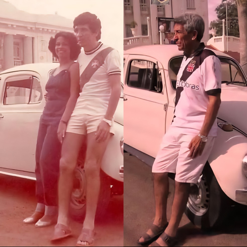 À esquerda, Eliete e Paulo posam logo após a compra do fusca. À direita, Paulo, agora sozinho, com o mesmo carro, no ano de 2017. — Foto: Reprodução/Arquivo pessoal