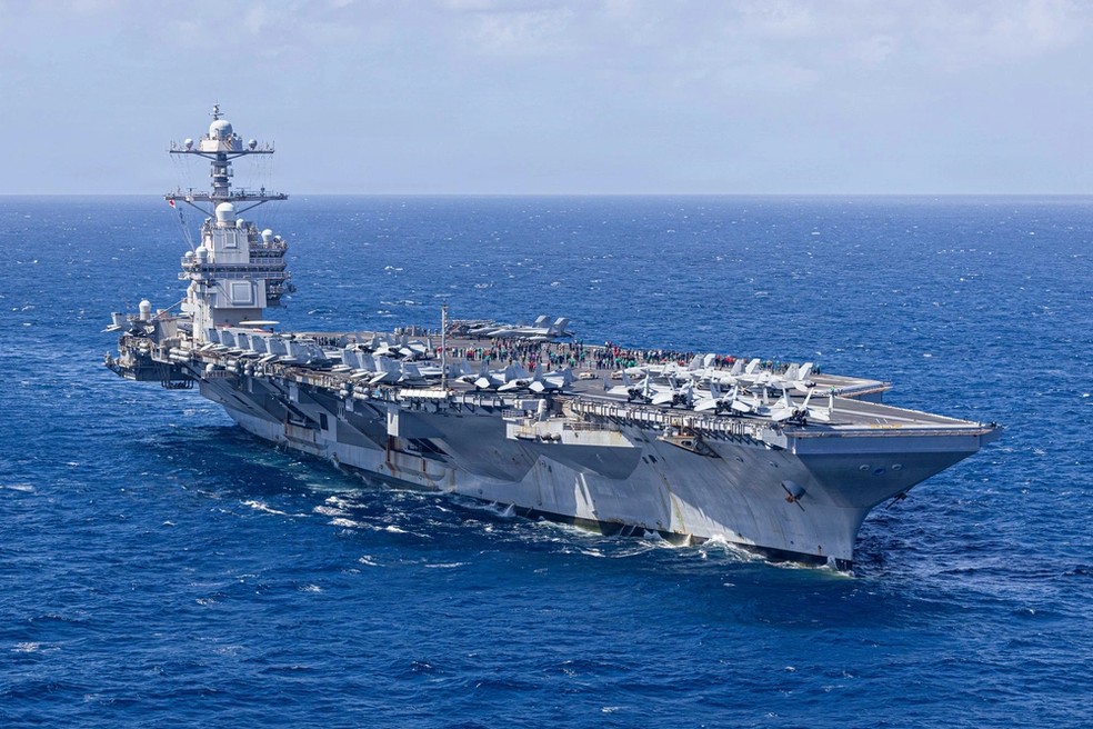 Porta-aviões USS Gerald Ford, da Marinha dos Estados Unidos, em foto de janeiro de 2026. — Foto: Divulgação/Marinha dos EUA
