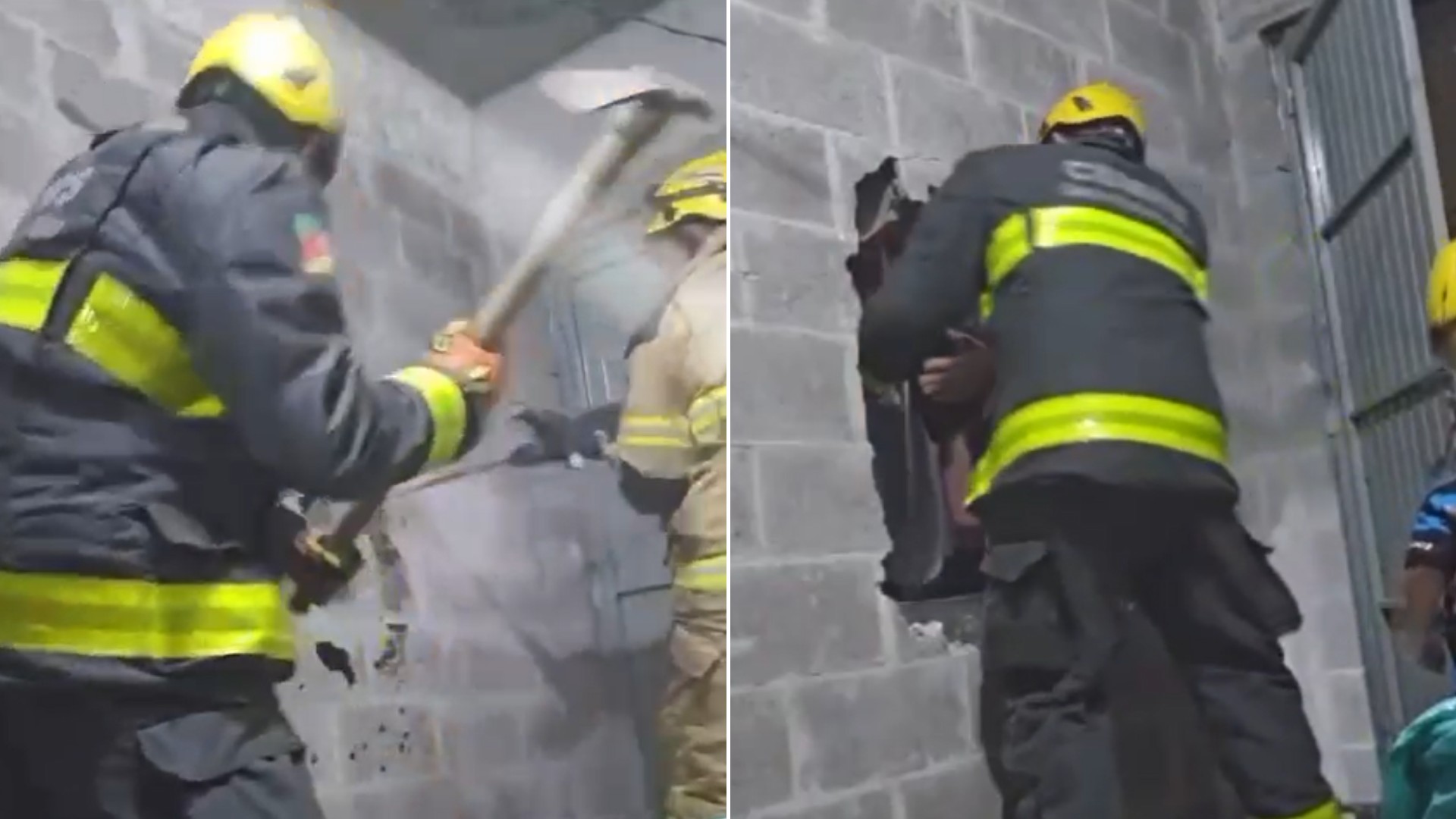 Bombeiros quebram parede para resgatar pessoas presas em elevador em Bento Gonçalves; VÍDEO