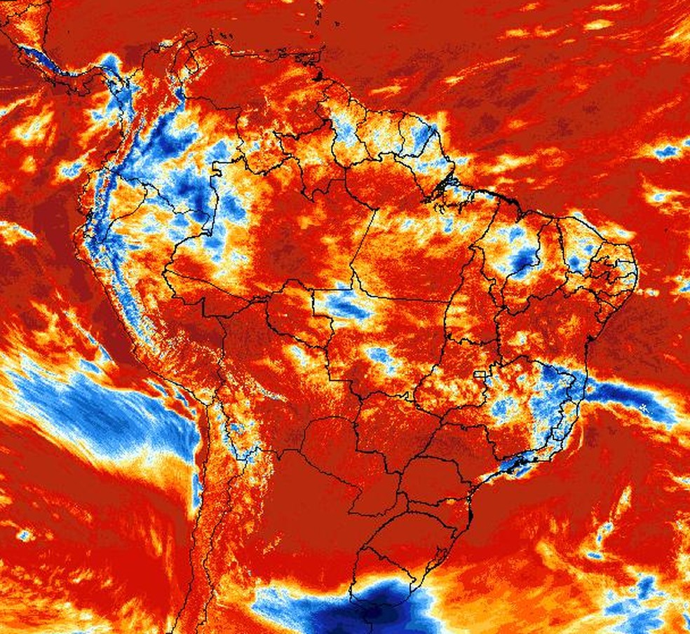 O mapa mostra o Brasil sob uma onda de calor, com altas temperaturas sendo registradas em boa parte do país. — Foto: INPE