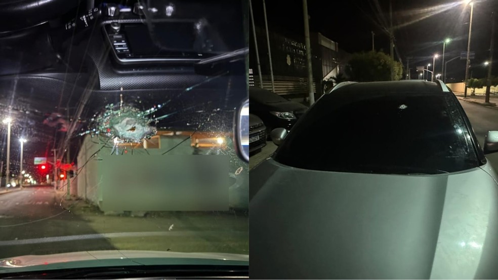 Para-brisa de carro de militar de folga foi atingido por tiro em posto de combustíveis, no Ceará. — Foto: PMCE/Reprodução