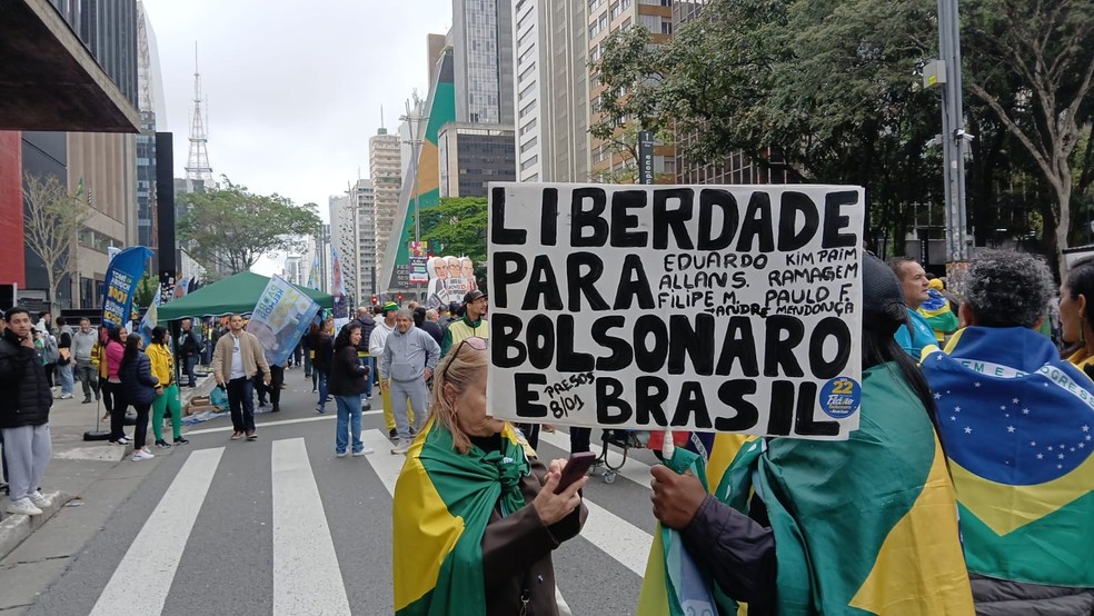 Apoiadores de Flávio Bolsonaro na Avenida Paulista nesta segunda-feira (7) — Foto: Gustavo Honório/g1