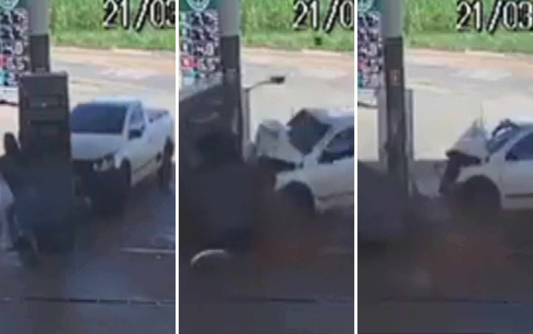 Carro invade posto com carro e arranca bomba de combustível em Goiás; vídeo