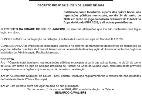 Rio terá ponto facultativo no dia 24 de junho por causa de Copa do Mundo