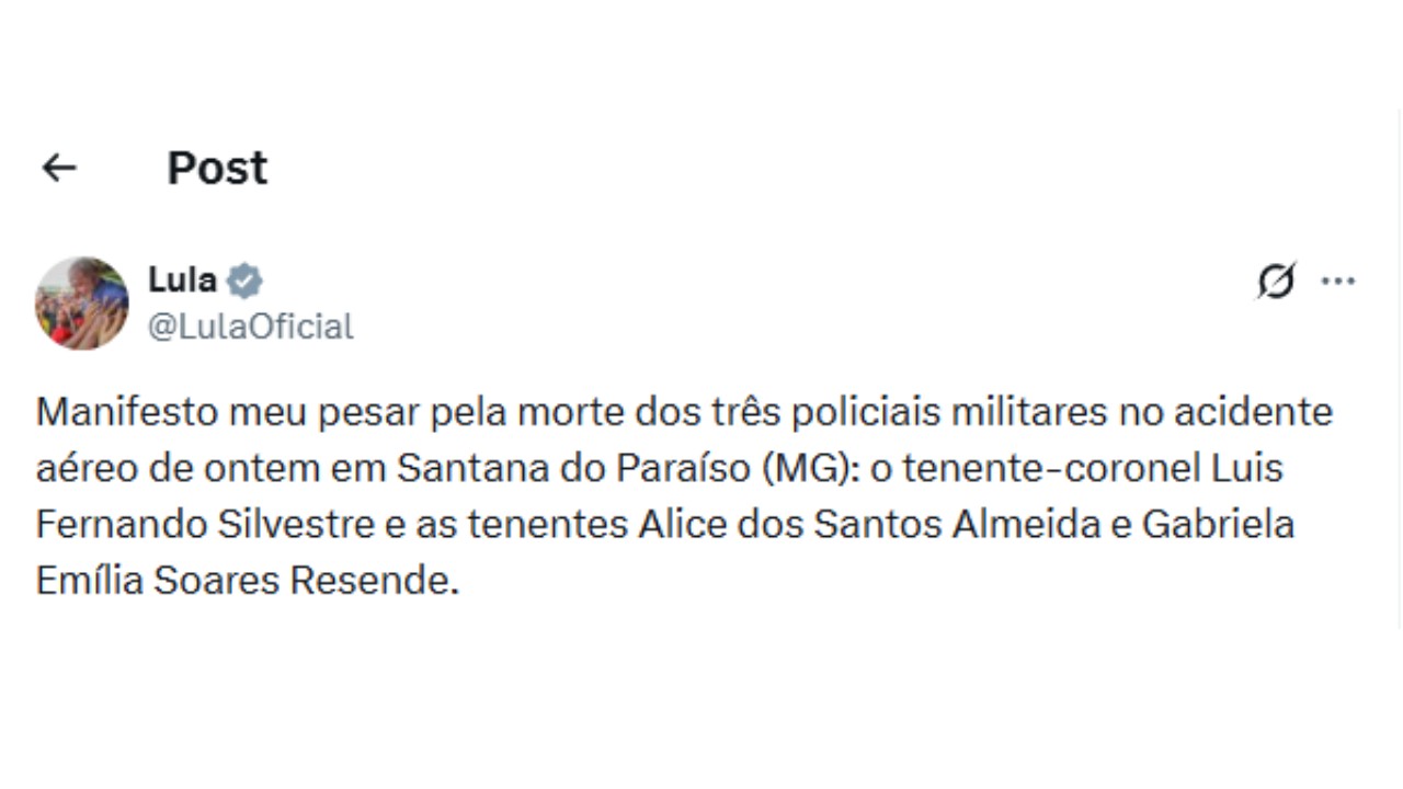 Lula se manifesta após queda de avião da PM em MG: 'deixo a minha solidariedade'