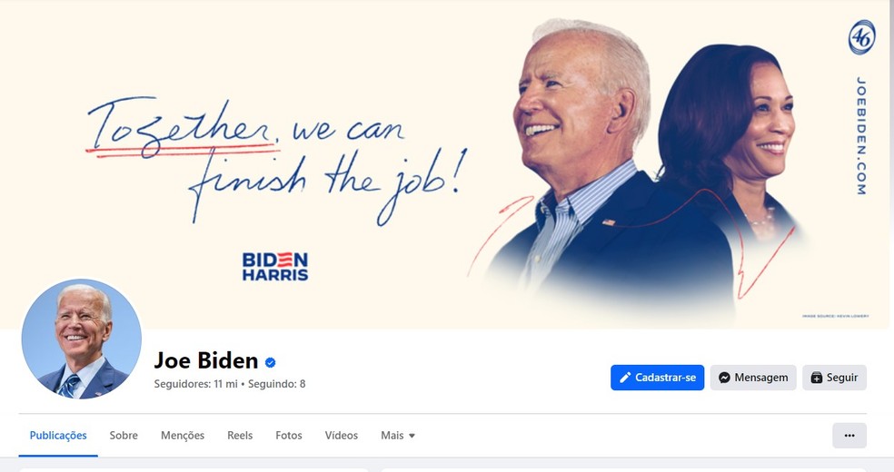 Página de Joe Biden no Facebook na manhã do dia 22 de julho de 2024, ainda com logotipo de campanha mostrando Biden como cabeça de chapa — Foto: Rerodução/Redes Sociais