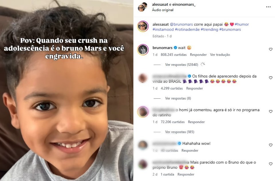 
Moradora de Guarulhos mostra filho parecido com Bruno Mars e diz que até tomou água com açúcar quando cantor comentou post