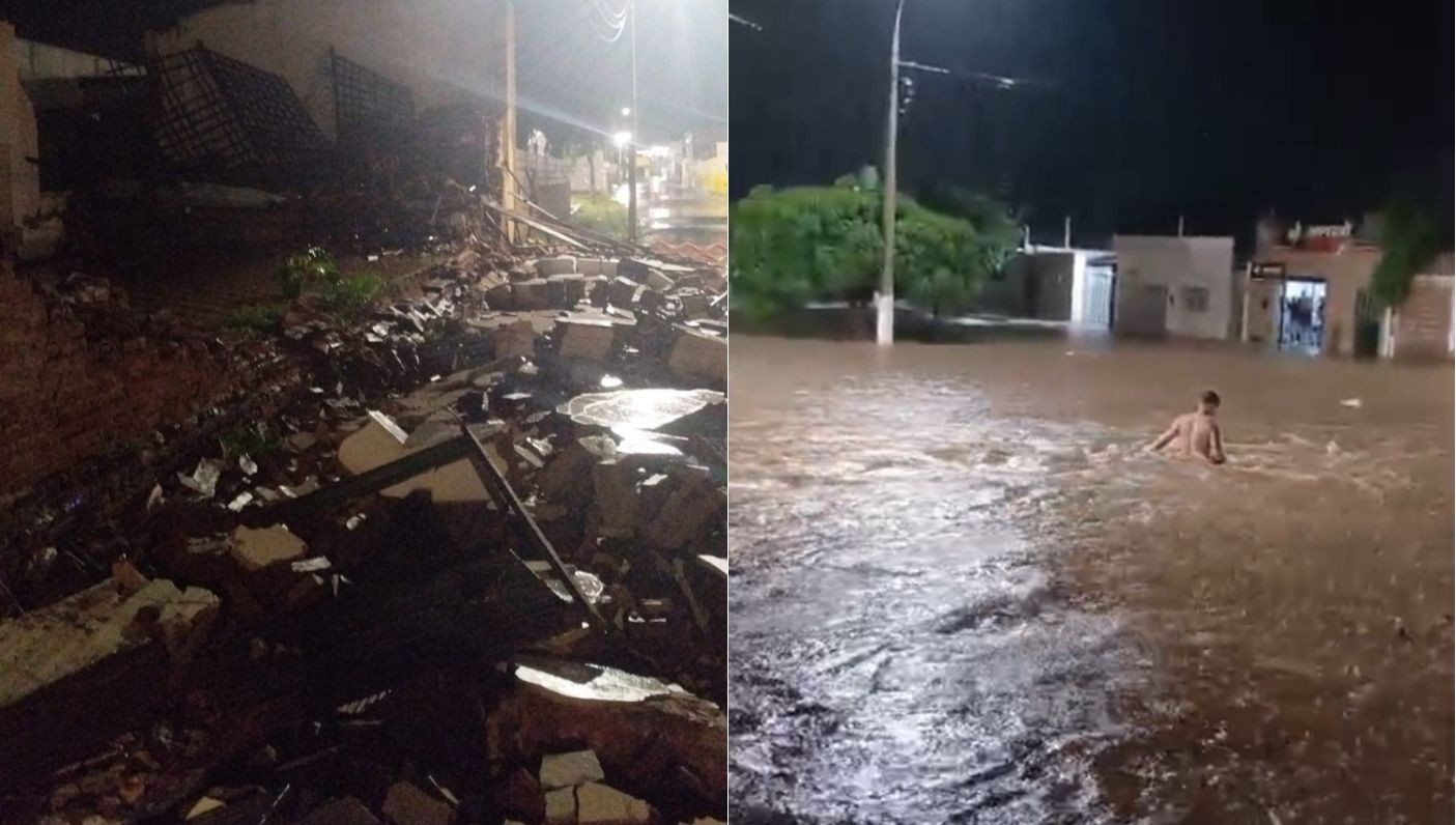 Chuva forte causa desabamento de prédio e alaga ruas em Assú, no RN