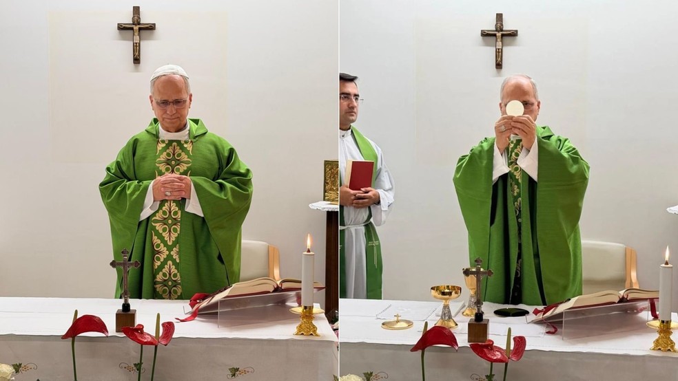 Em imagem divulgada pelo Vaticano, o papa Le&atilde;o XIV reza missa dentro do hospital Gemelli, em 16 de outubro de 2026. &mdash; Foto: Divulga&ccedil;&atilde;o/Vaticano