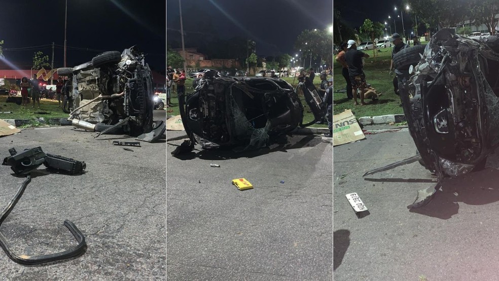 Carro ficou destruído após acidente na Avenida Natan Xavier, em Manaus; duas pessoas morreram — Foto:  Reprodução
