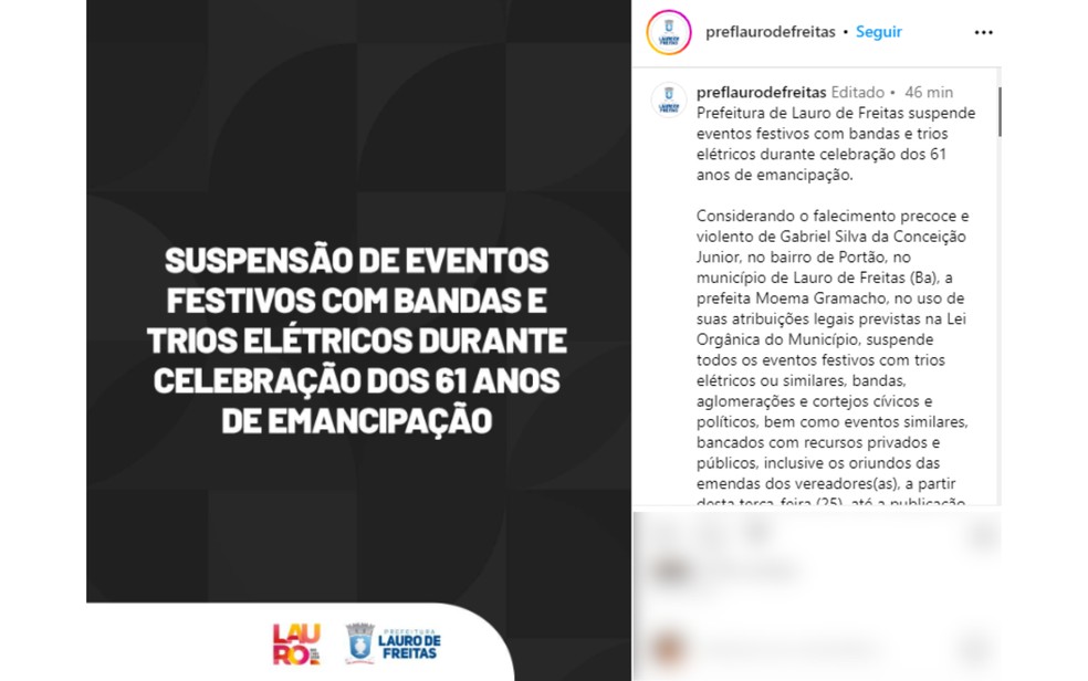 Prefeitura da cidade cancelou festejos com trios elétricos e bandas — Foto: Redes sociais