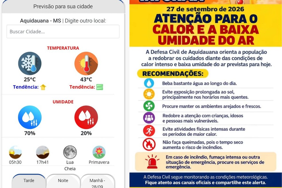 Temperatura registrada no celular de moradores e o alerta da Defesa Civil de Aquidauana — Foto: Reprodução