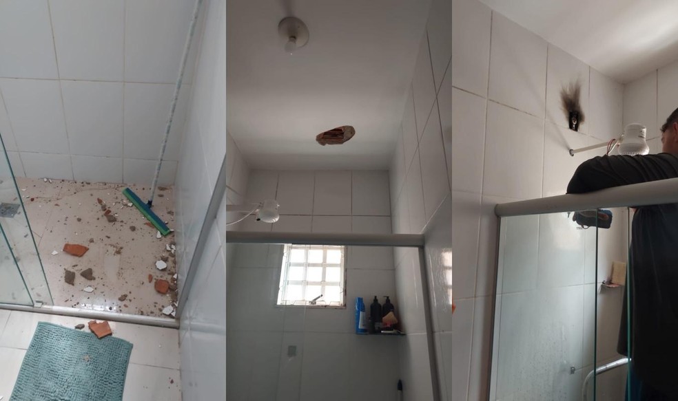 Estragos no banheiro da fam&iacute;lia ap&oacute;s raio cair em casa no bairro Cana&atilde; em Uberl&acirc;ndia &mdash; Foto: Arquivo Pessoal/Maria da Paz