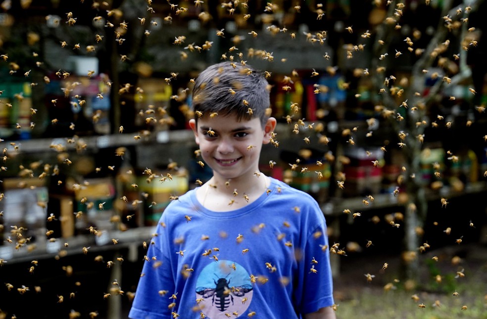 Geraldo Enrico Tigre Herzog, 11 anos, menino autista que encontrou nas abelhas uma forma de se socializar com o mundo — Foto: Ricardo Medeiros/Rede Gazeta