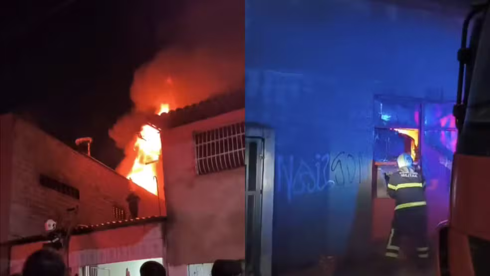 Bombeiros realizam trabalho de rescaldo na manhã desta quarta (25). — Foto: Reprodução