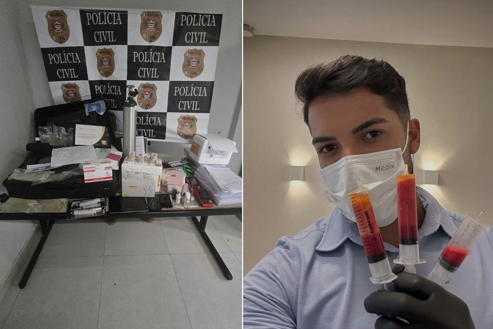 A polícia apreendeu utensílios e medicamentos (à esq.) utilizados por Mattheus Ricardo (à dir.). — Foto: Polícia Civil e Redes Sociais