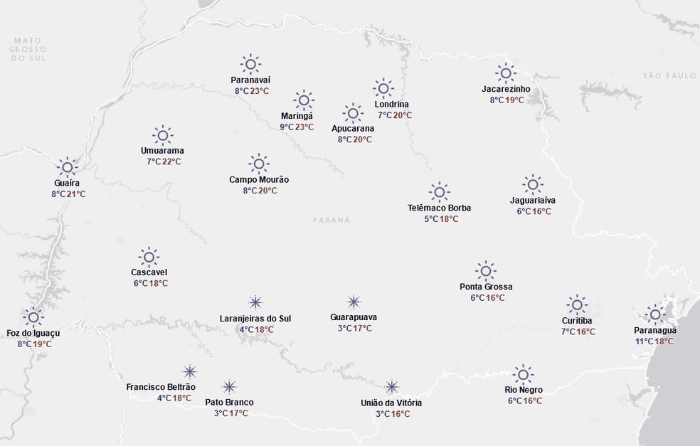 Previsão do tempo do Simepar para esta segunda-feira, 11 de agosto — Foto: Reprodução/Simepar