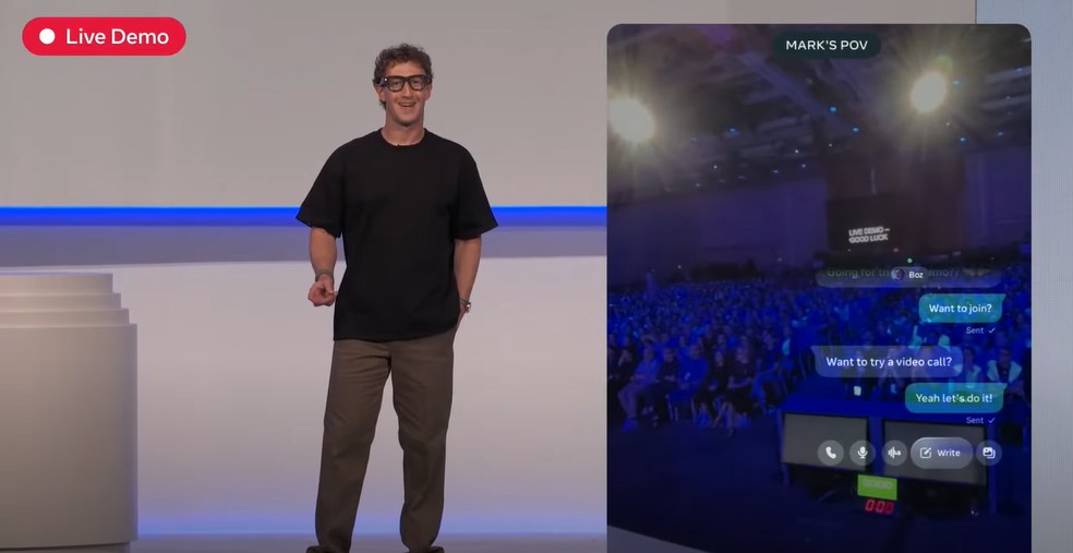 Zuckerberg com dificuldade para atender a uma videochamada no WhatsApp — Foto: Reprodução/YouTube