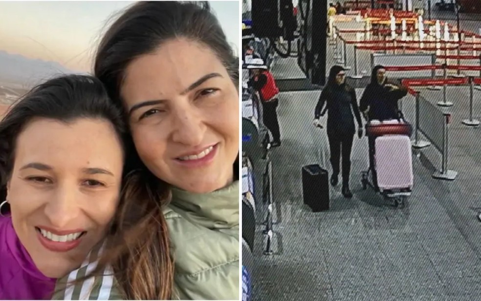 Jeanne Paollini e Ktyna Baa e as duas no aeroporto de Guarulhos, em So Paulo — Foto: Reproduo/Redes Sociais e Reproduo/TV Anhanguera