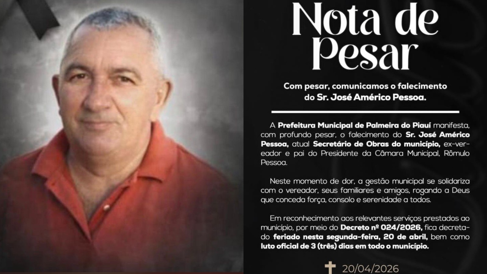 Secretário morre aos 66 anos e prefeitura decreta luto oficial de três dias no Piauí