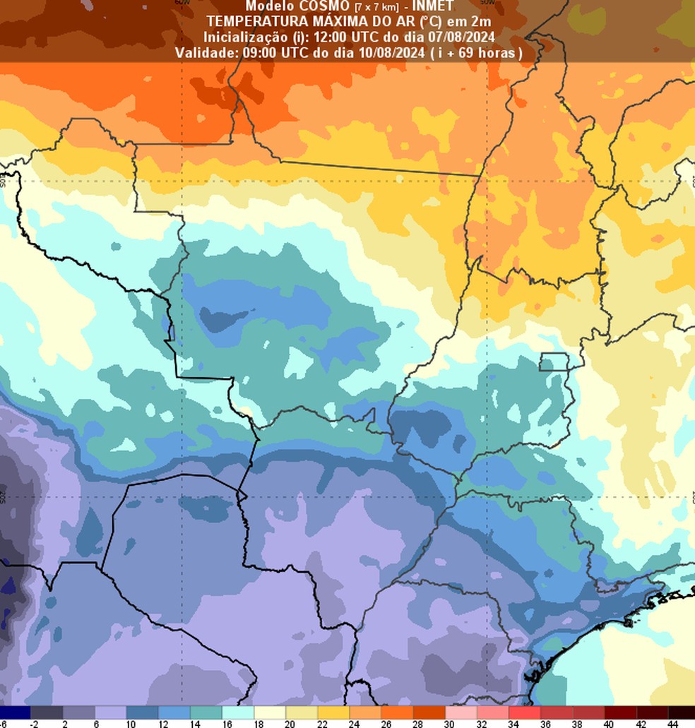 Temperaturas devem despencar no Sul, Sudeste e Centro-Oeste com avanço de nova frente fria. — Foto: Inmet