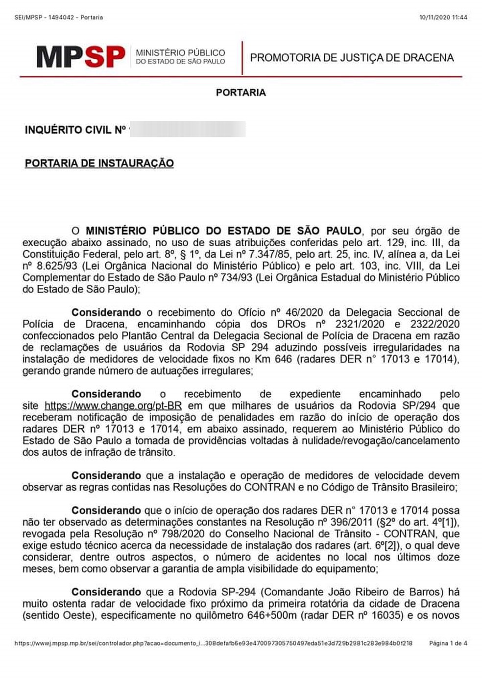 Ministério Público Estadual abre inquérito para apurar supostas  irregularidades na instalação de radares na SP-294, Presidente Prudente e  Região