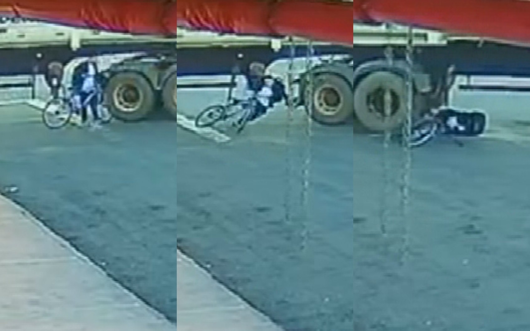 Menino de bicicleta sai andando após caminhão passar por cima e o arrastar; vídeo