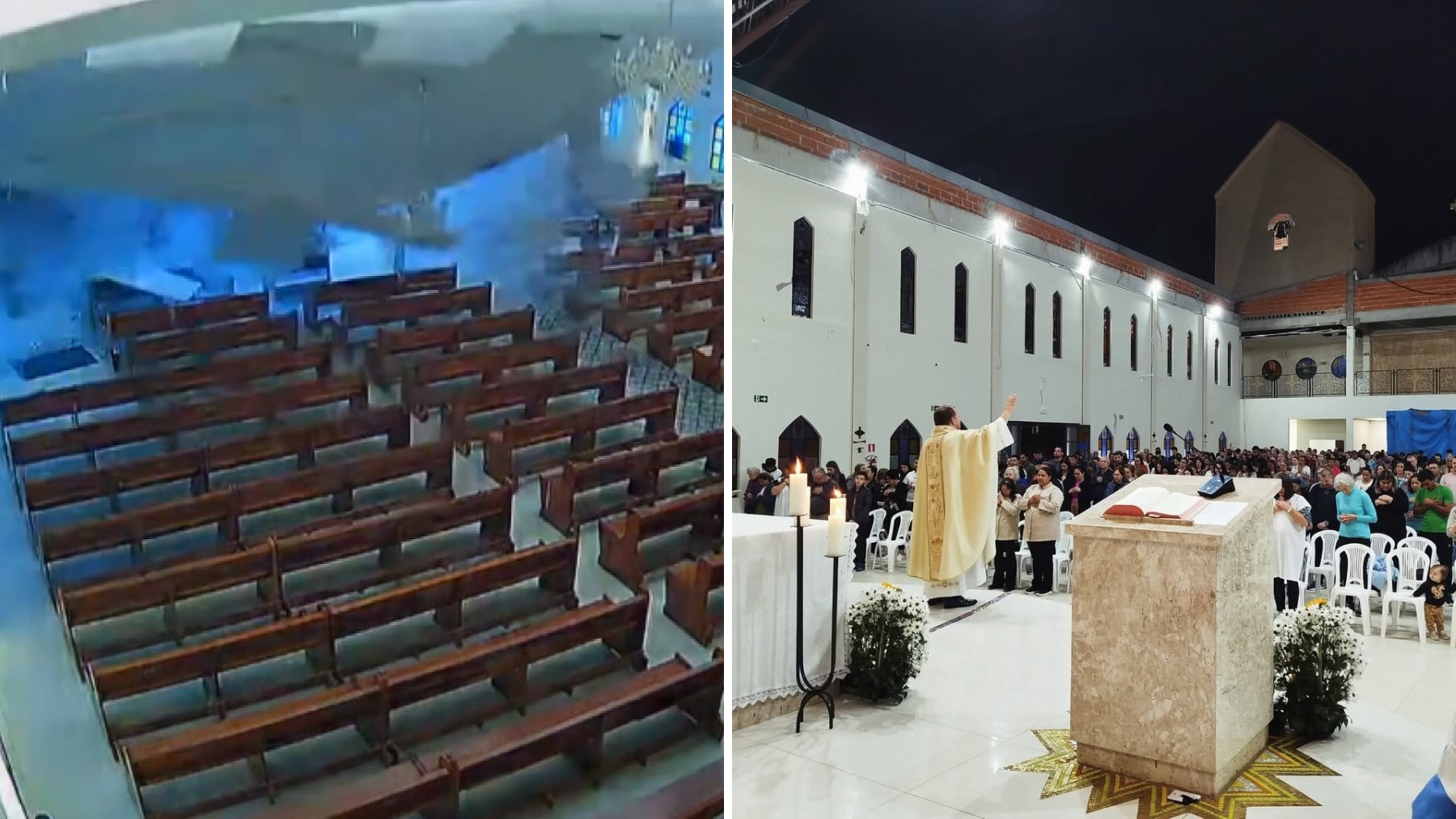 Igreja do PR faz missas e celebrações sem telhado, após estrutura desabar durante chuva de granizo