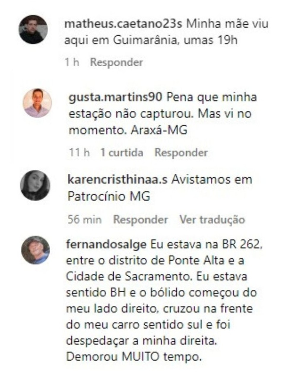 Moradores do Tri&acirc;ngulo e Alto Parana&iacute;ba meteoro &mdash; Foto: Reprodu&ccedil;&atilde;o/Instagram