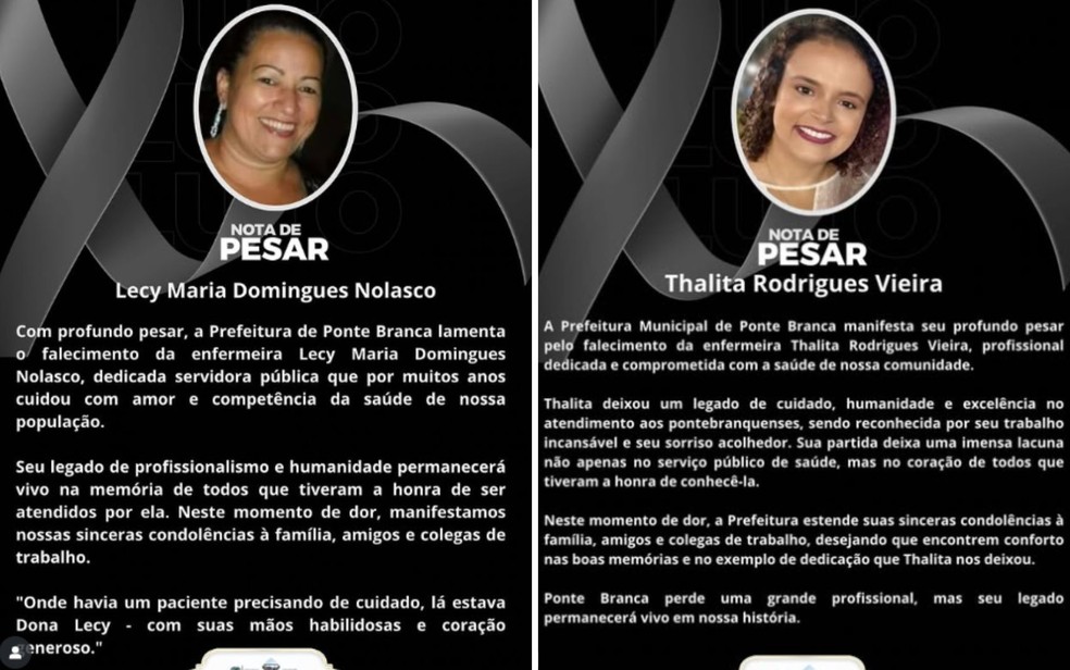 Notas de pesar publicadas pela Prefeitura de Ponte Branca (MT) — Foto: — Fotos: Reprodução/Redes sociais da Prefeitura de Ponte Branca