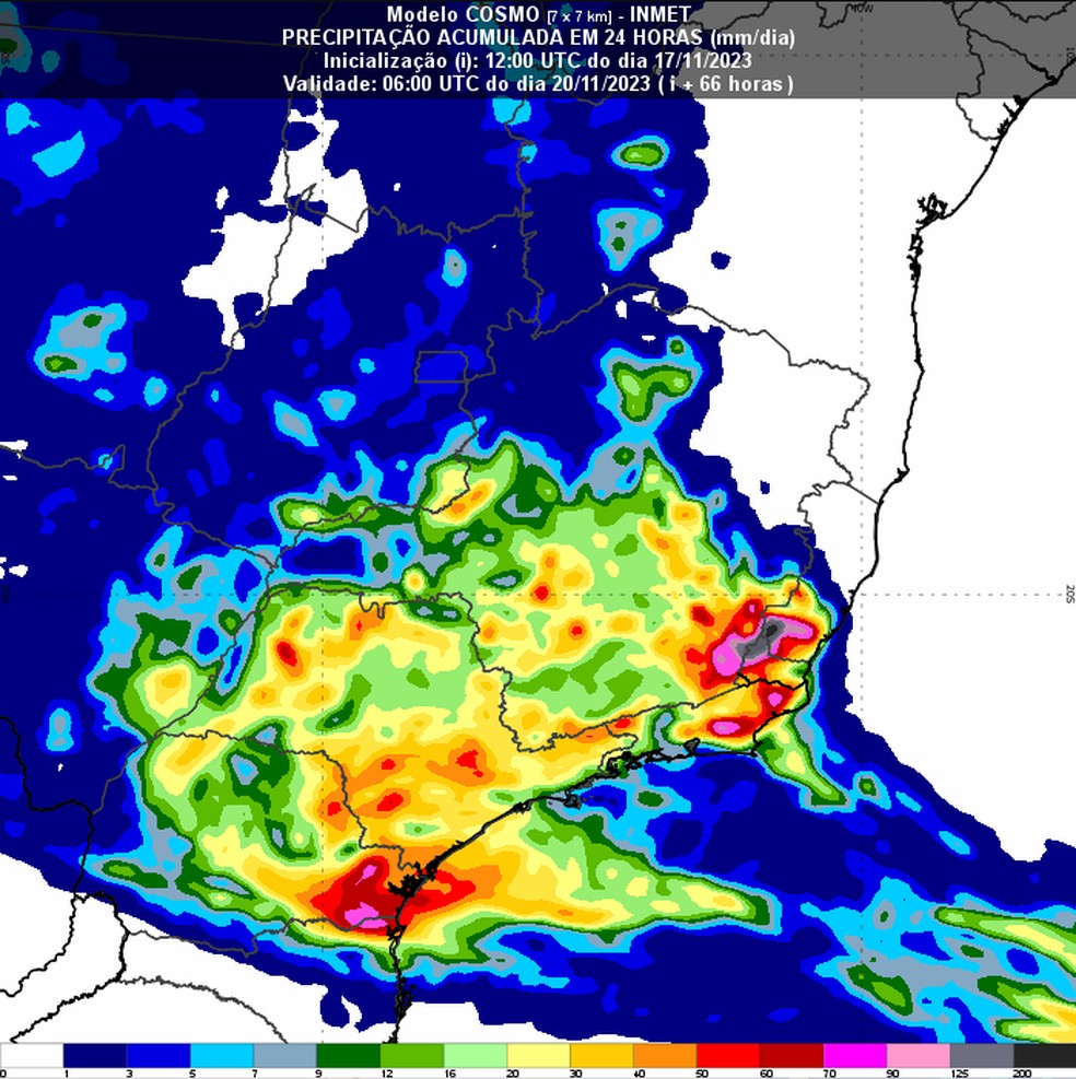 Previsão de altos acumulados de chuva para o Sudeste nos próximos dias. — Foto: INMET