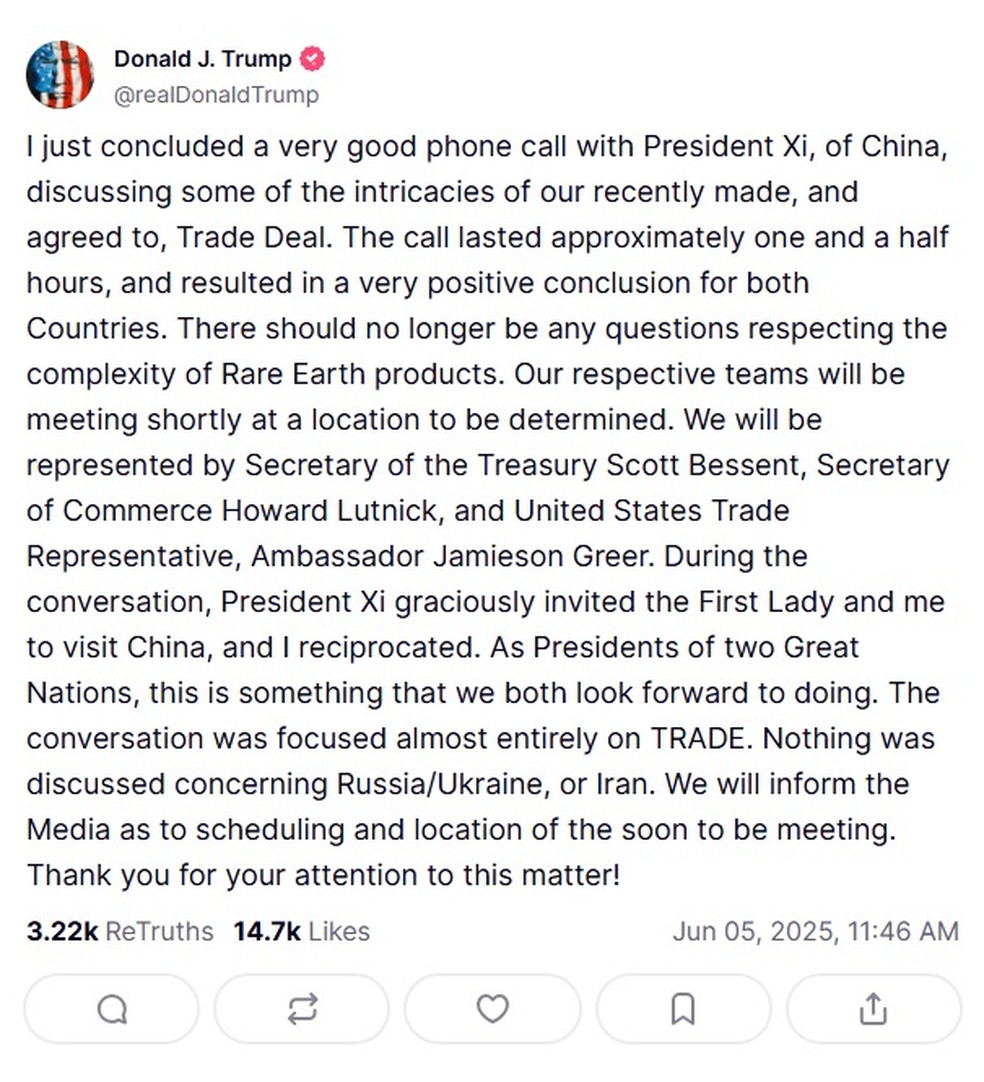 Trump posta sobre a ligação sobre tarifaço que teve com Xi Jinping nesta quinta-feira — Foto: Reprodução