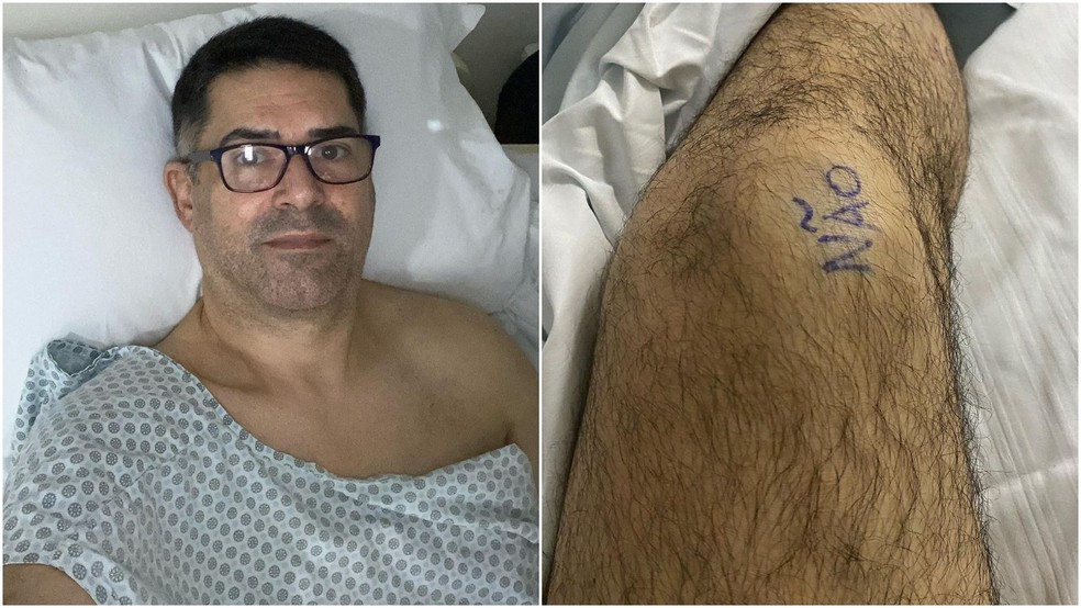 Paciente escreve ‘não’ na perna antes de cirurgia para marcar qual joelho deveria ser operado em Fortaleza. — Foto: Arquivo pessoal