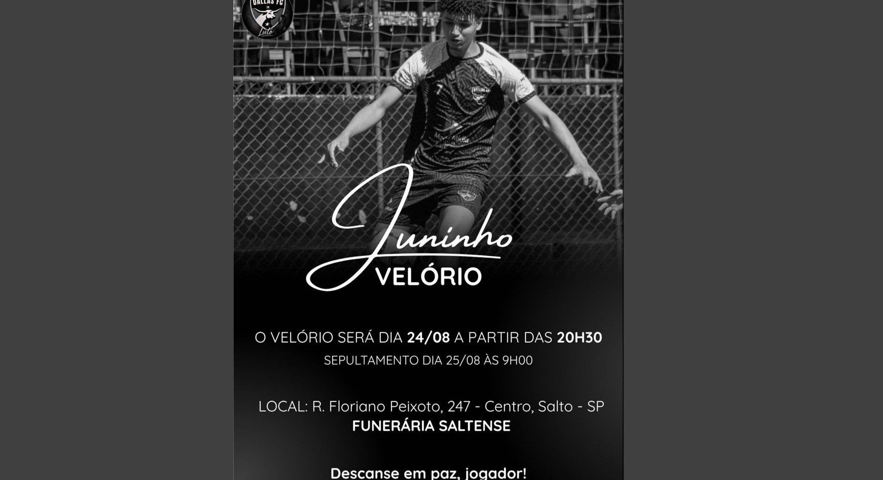 Jogador de 18 anos que morreu após passar mal durante jogo é velado e enterrado em Salto