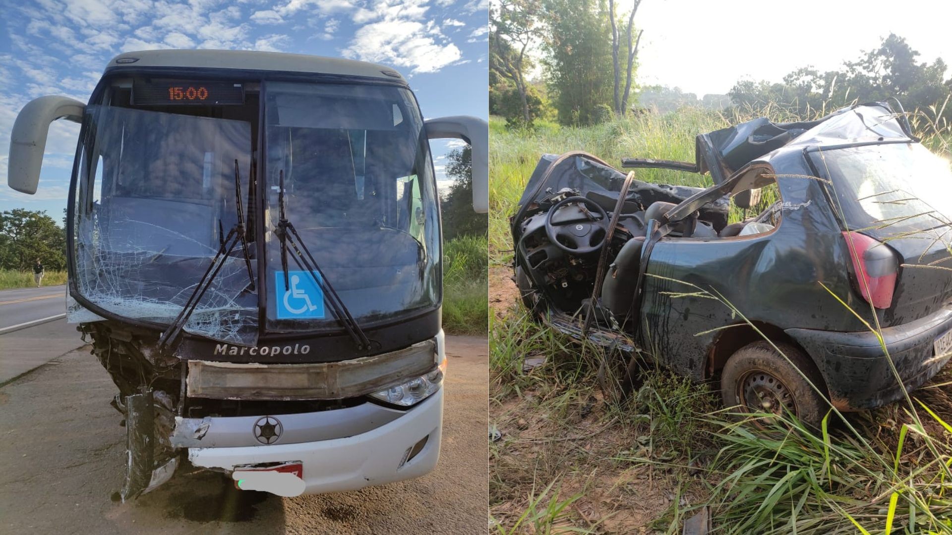 Carro invade a contramão, bate de frente com ônibus e motorista fica ferido na BR-365 em MG