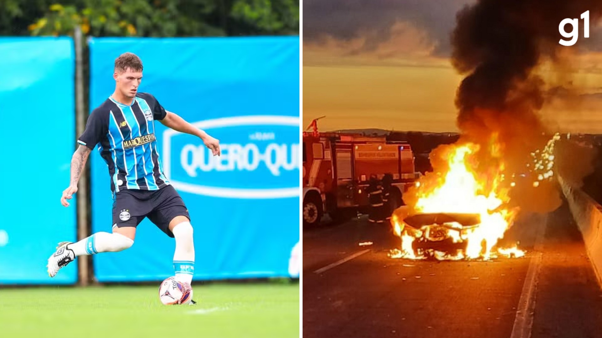 VÍDEO: Carro de jogador do Grêmio pega fogo em acidente após partida das categorias de base no RS