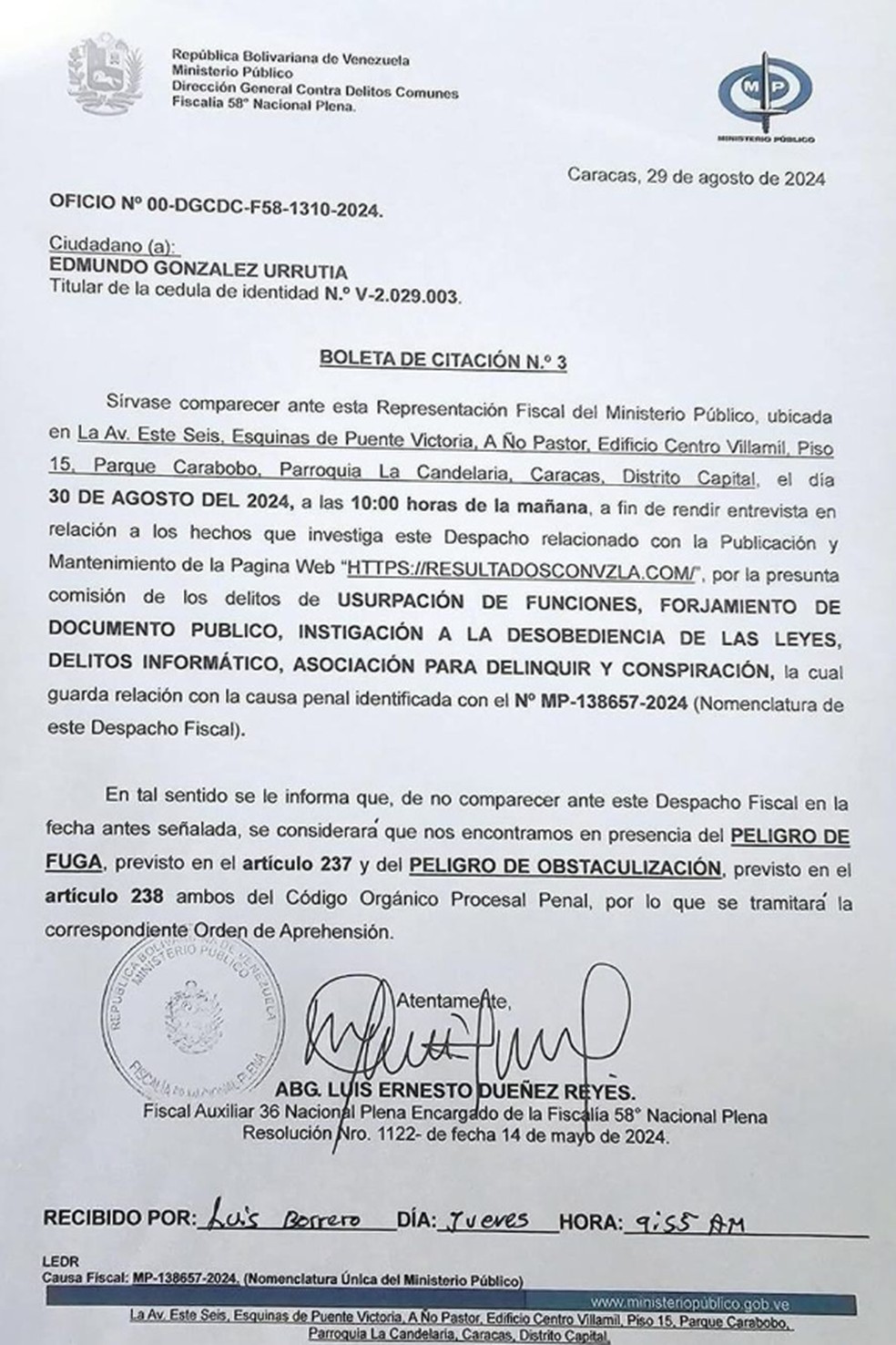 Intimação do Ministério Público da Venezuela a Eduardo González, a terceira desde as eleições no país, em 29 de agosto de 2024. — Foto: Divulgação/ MP Venezuela